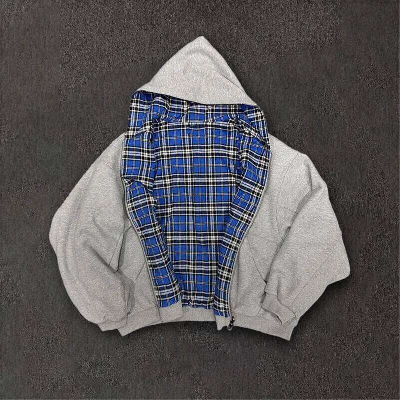 Casual Retro Men's Zipper Hoodie Goth Y2k Striped Plaid Double Sided Clothing Women Hip Hop Street Gray Jacket Sweatshirt Unisex Z260314
