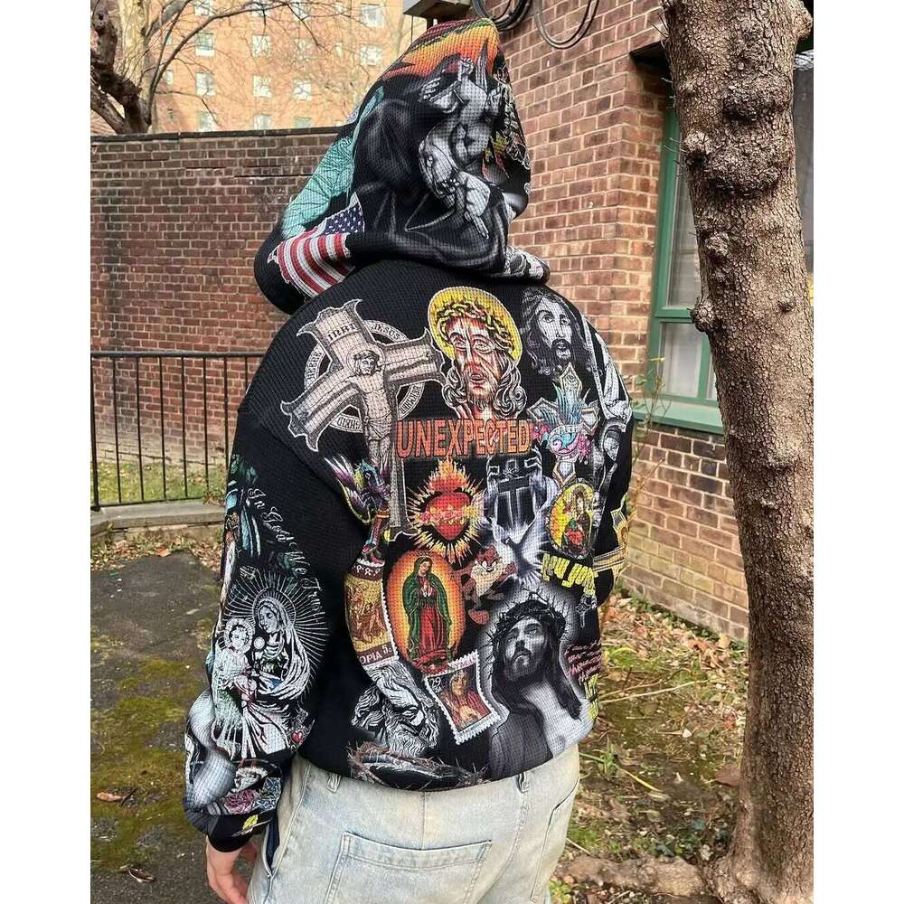 Punk Style Mens Zipper Multi Pattern Gothic Waffle Outerwear Street Fashion Loose Large Size Hooded Sweatshirt Z260314