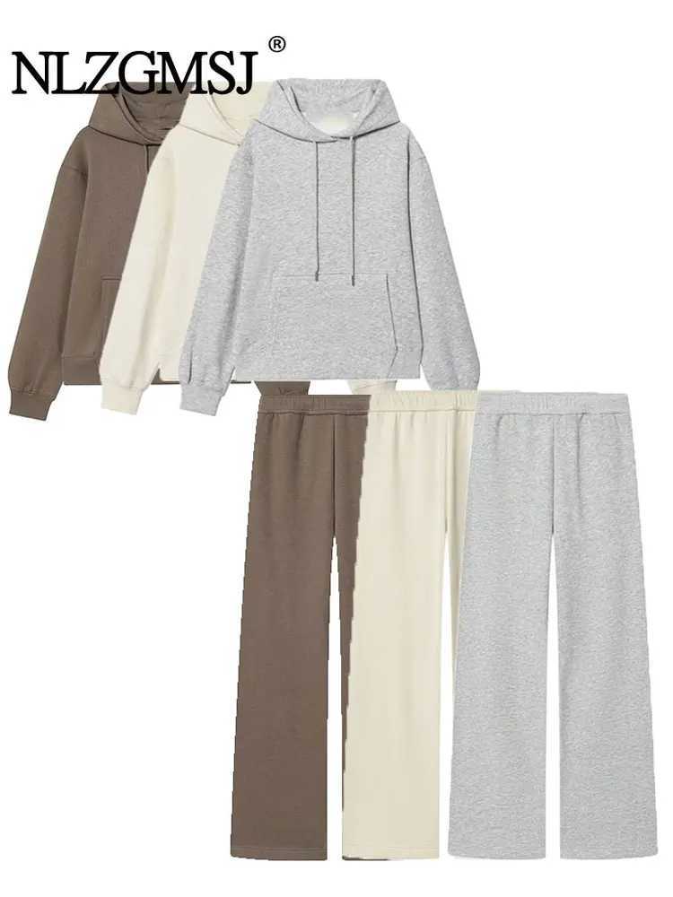 NLZGMSJ AutumnWinter Casual Womens Sets Basic Elastic Waist Long Pants 2 Pieces Set Solid Hoodie Sets Sporty Style Outfit M260313