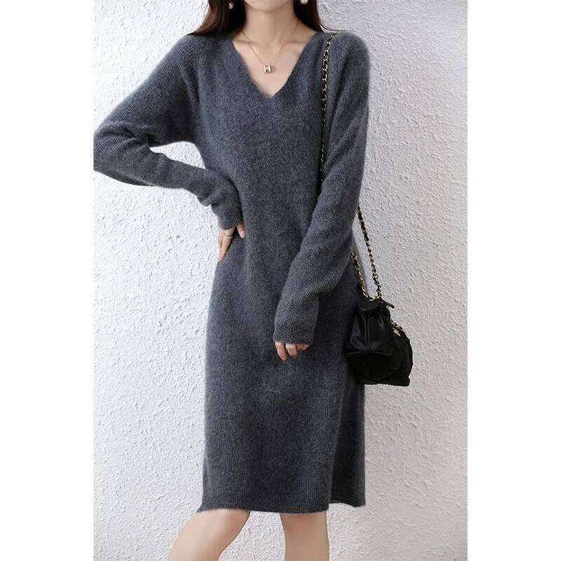Womens Elegant Cashmere Sweater Dresses 100% Merino Wool Sexy V-Neck Casual Knitted Skirt Fall Winter Ladies Black Dress Clothes Z260313