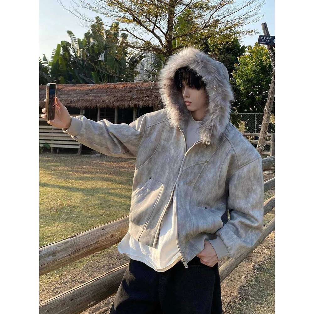 ReddaChic Faux Hooded Men's Bomber Jacket with Pockets Autumn Winter Full Zip Thicken Cotton Coat Fur Collar Outdoor Parkas Z260313