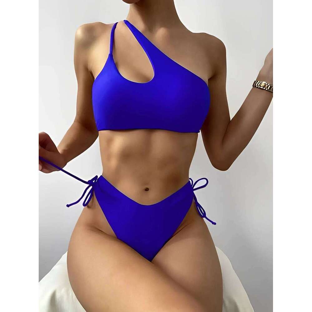 One Shoulder Bikinis 2025 Women Cut Out String Swimsuit Solid Sexy Swimwear Female Bathers Bathing Swimming Swim Suit Beachwear Y260303