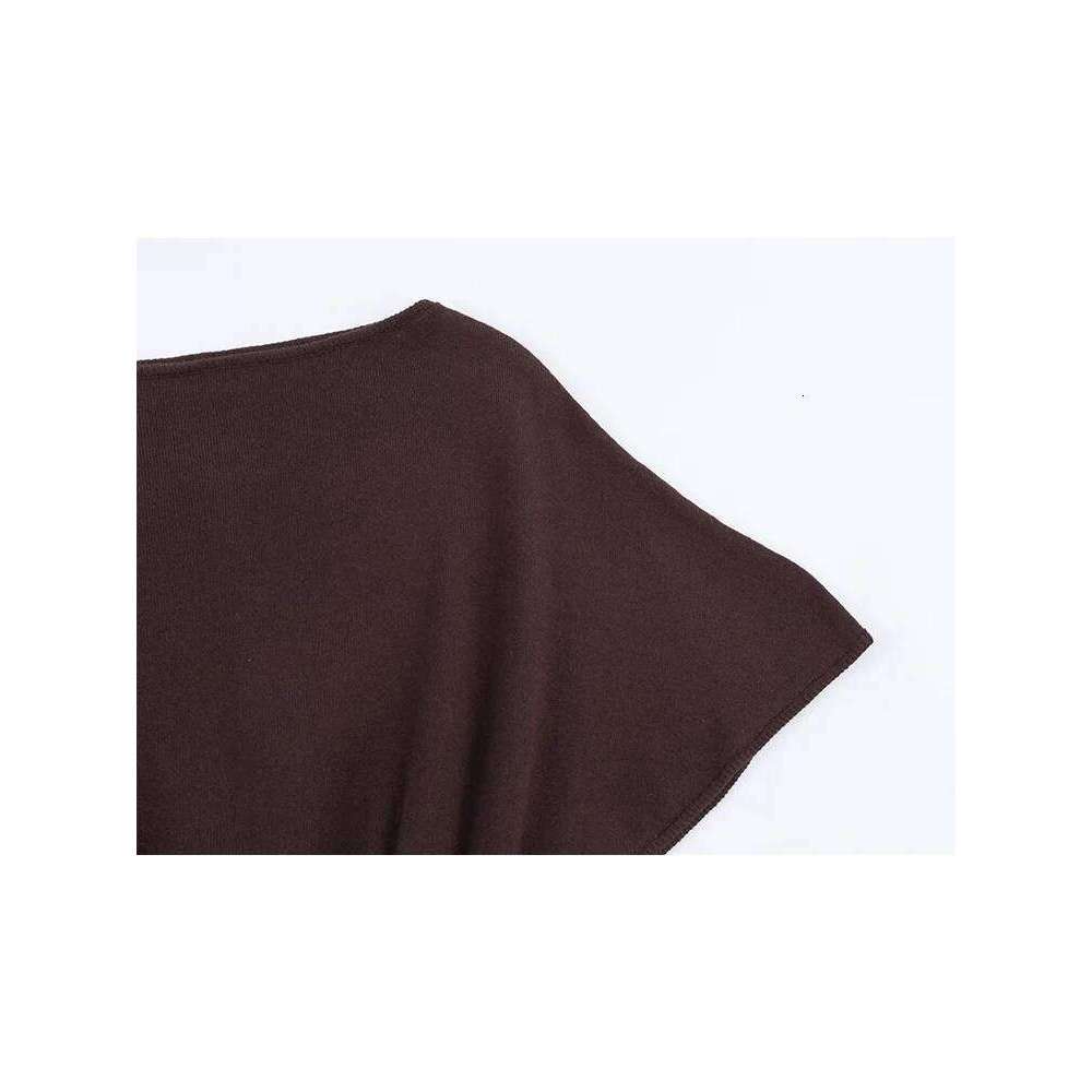 TFMLN Woman Autumn Fashion Pullovers Slash Collar Tierred Hem Design Belt Knitted Sweaters Casual Solid Short Sleeve Knitwear Z260313