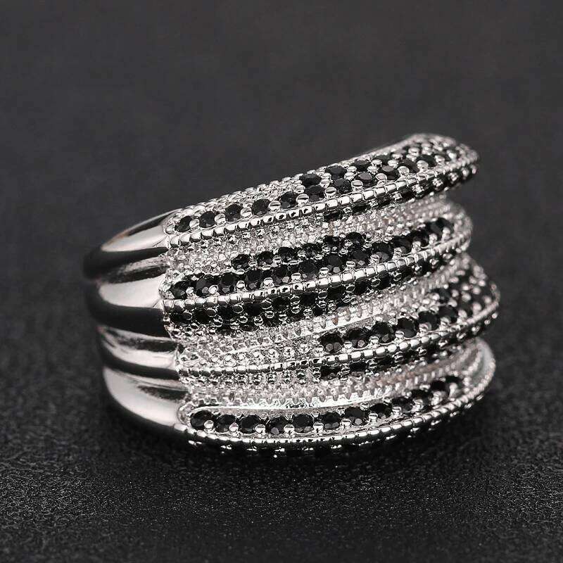 Huita Hiphop Women Rings Inlaid Black Sparkling Cubic Zirconia Special Party Accessories Silver Color Charming Unique Jewelry H260312