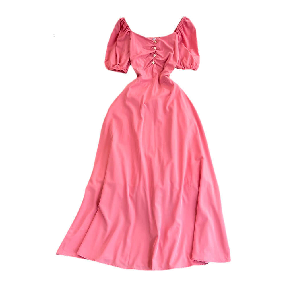 Designer wine red engagement dress French high-end style long skirt fluffy short sleeved square neck waist slimming A-line skirt