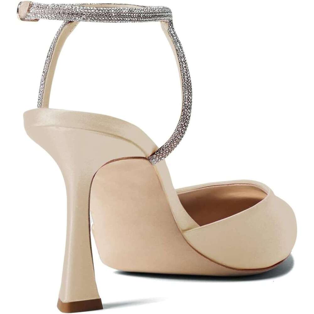 Women Rhinestone Heels Kitten High Satin Pumps Pointed Toe Sparkly Sexy Wedding Dress Shoes MOJIDASHU