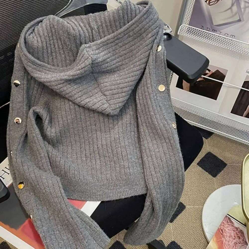 New 2025 Autumn Zipper Hooded Short Women Knitting Cardigan Retro Casual Korean Fashion Ladies Sweater Z260313