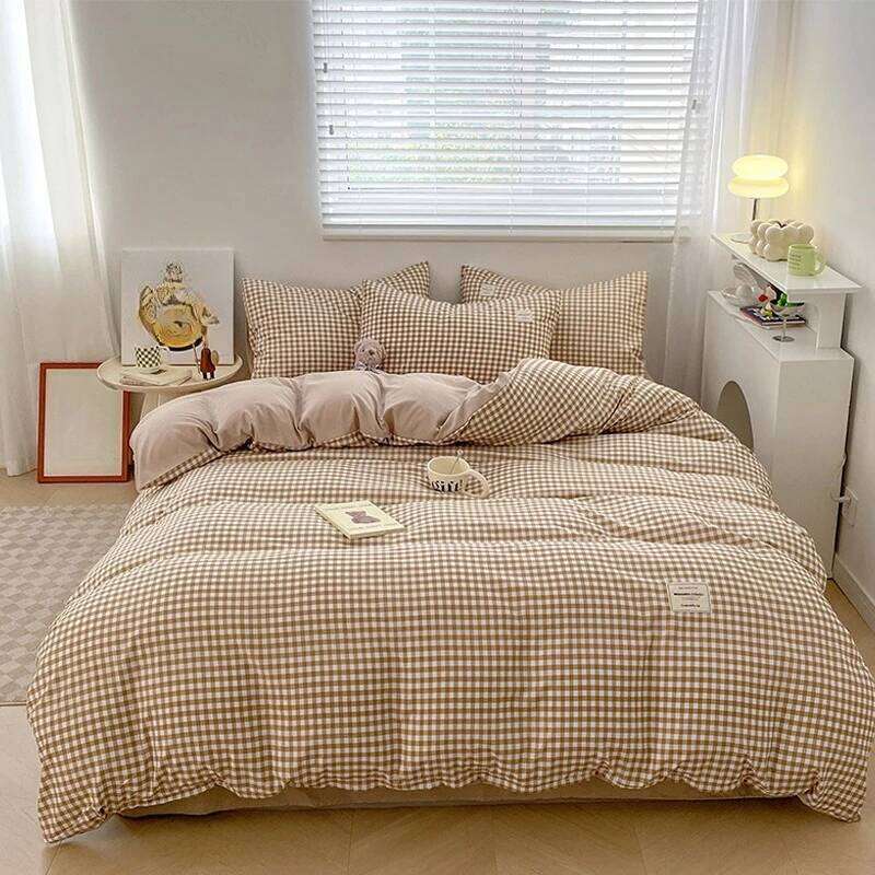 Simple grid Duvet Cover Set with Sheet Pillowcases Soft Skin Friendly Luxurious Cozy Bedding for single Double Bed parure de lit H260312 - view 3