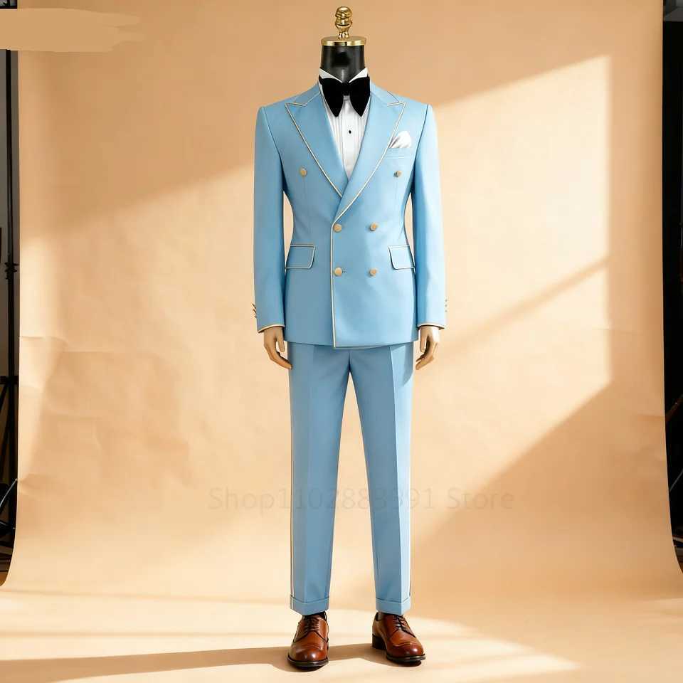 Mens Double Breasted Terno Smoking Suit Formal Fino2 Fit Notch Lapel Solid Color Wedding Guest Khaki 2-Piece Suit for Ceremony M260313