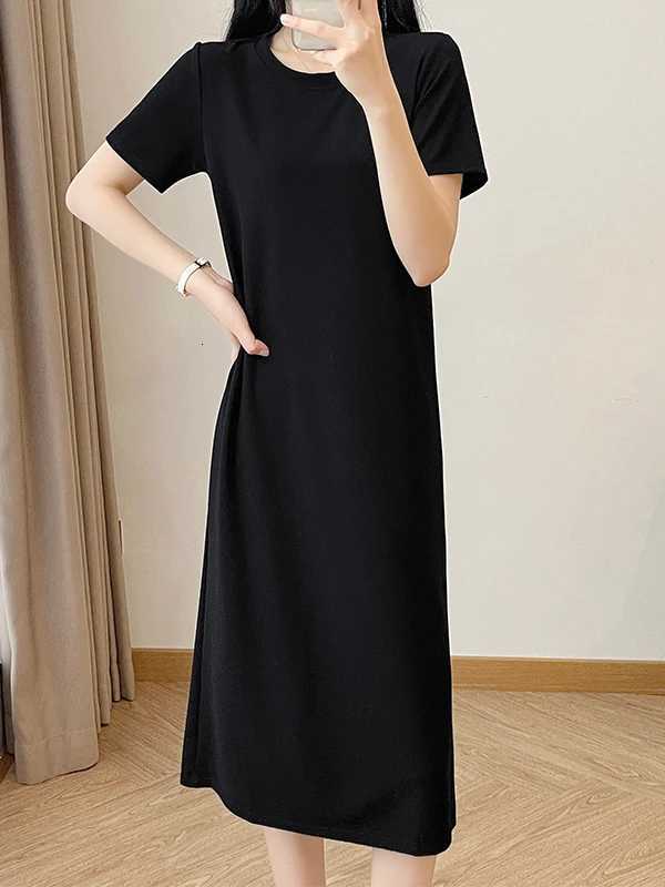 Early Autumn New Black Short Sleeved Dress Womens Straight Tube Loose Fit Slimming Round Neck T-shirt Long SkirtT260314
