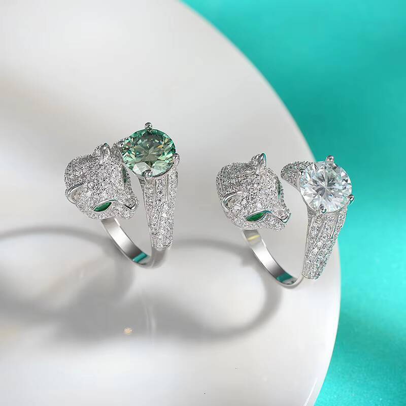 Hip Hop Trendy Leopard Head Full Diamond Moissanite VVS Brilliant Cut S925 Silver Adjustable Rings for Women with Gra