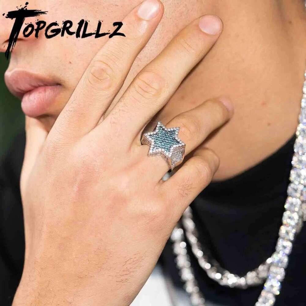 New Iced Out Hexagon Star Rings For Men/Women Micro Paved Gold Silver Color Finish Cubic Zircon Charm Hip Hop Jewelry Ring Gift H260312