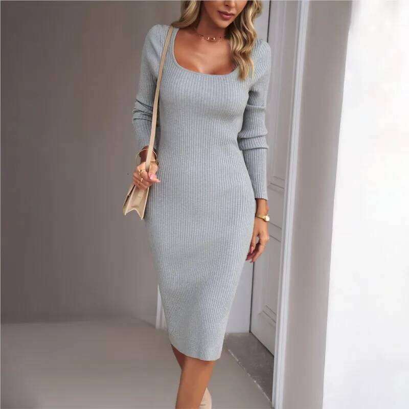 Fashionable Solid Color Square Neck Slim Fit Woolen Autumn And Winter Elegant Women's Long Sleeved Hip Hugging Slit Midi Dress Z260314