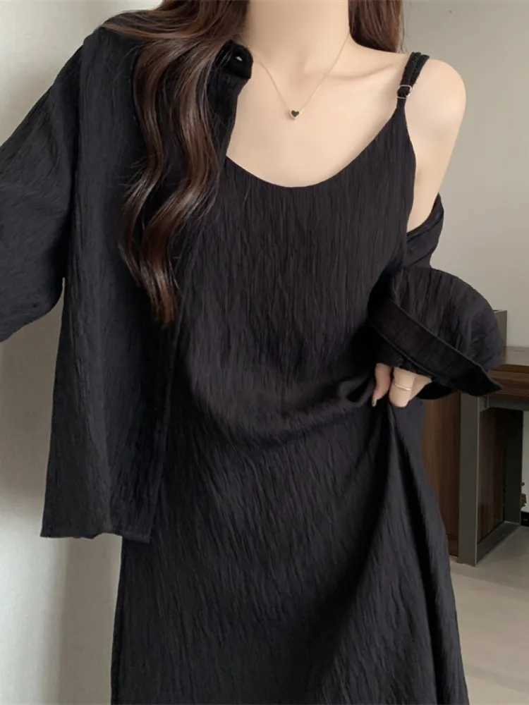 plus Size Summer Long Sve irt Early Spring New Sle Slimming Meat Covering Ele Strap Dr Two Piece Set Womens ClT260314