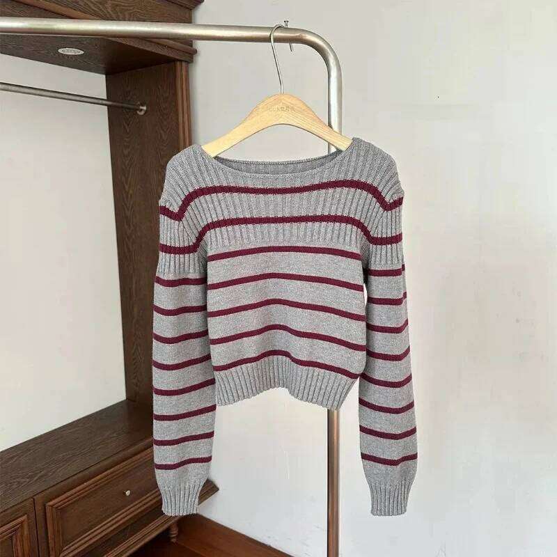 Korean Red Stripe Pullover Sweater Women Autumn Winter New Style Fashion High Grade Sense Knit Off Shoulder Top Z260313