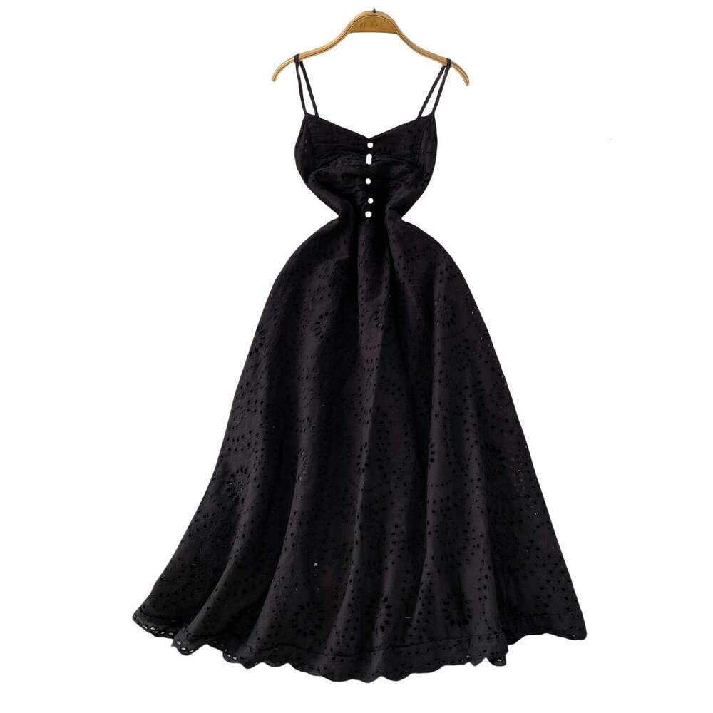 Designer women's French soft pink V-neck vest skirt summer crochet hollow embroidery A13 slim fit long skirt