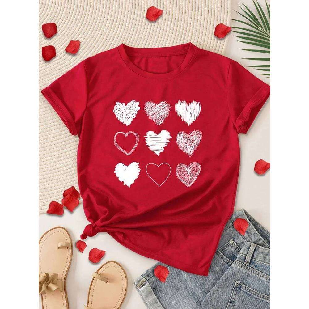 Red Heart Printed T-Shirts Fashion Streetwear Short Sleeve Tee Clothing Casual Soft Women Tops Valentine's Day T-shirt Z260314