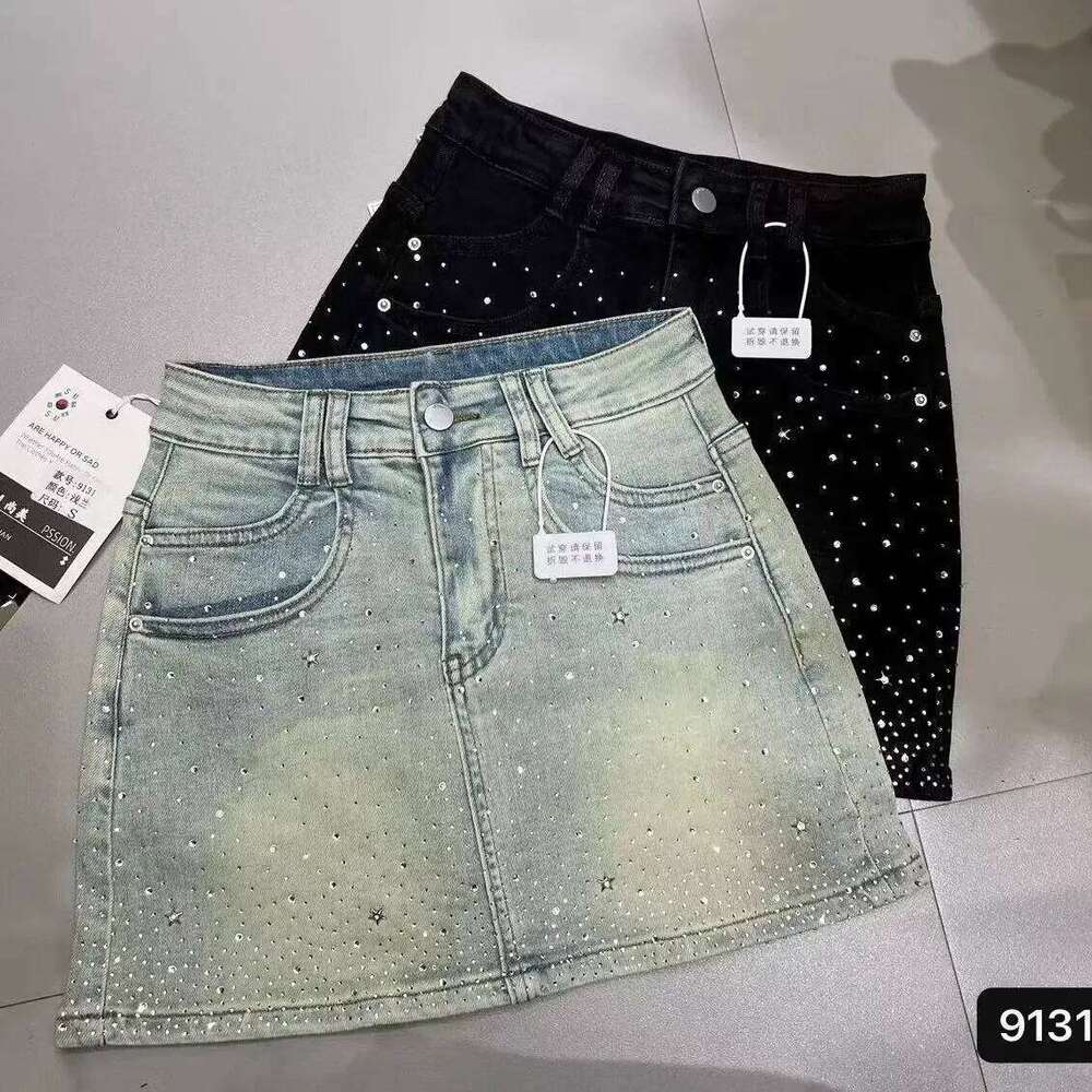 Starry Hot Rhinestone for Women 2024 Summer New Retro Slimming a-Line Sheath Denim Skirt Z260314