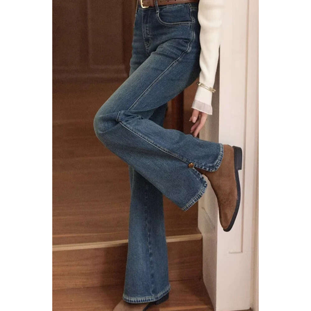 ALXNAN Vintage Blue Jeans Women's Flared Straight Cotton Denim 2025 Fall Office Lady Elegant Slim-fit Female Pants L57873 Z260313