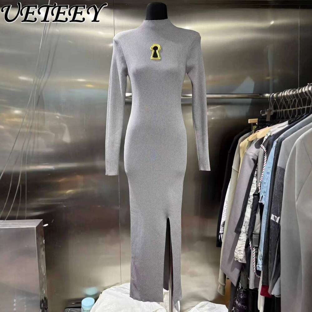 European Clothes Sleeve Waist-Cinching Knitted Long 2025 Autumn New Metal Decoration Black Sweater Dress Women Z260314