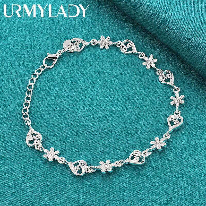 URMYLADY 925 Sterling Silver Flower Love Heart Bracelet For Women Wedding Fashion Gift Jewelry Z260313