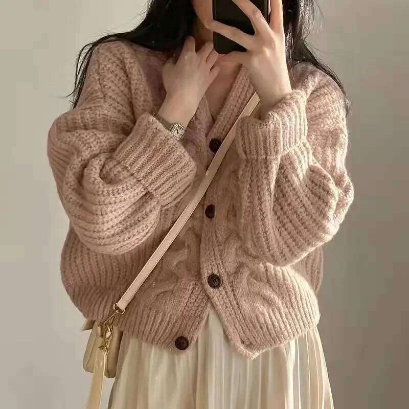 Fashion Winter Warm Long Sleeve Women V-nek Loose Cardigan Sweater Autumn Elegant Solid Color Casual Knitted Top Z260314