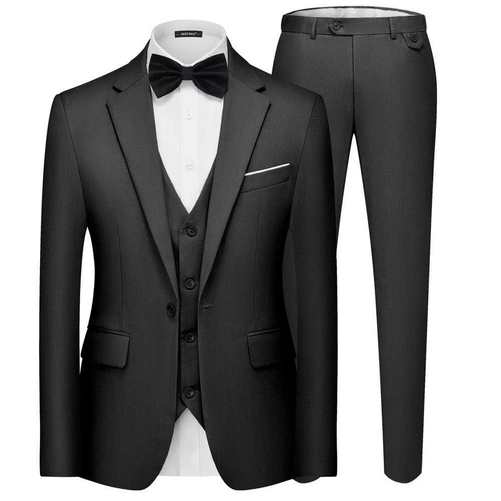 Mens Elegant Solid Color Blazer Vest Pants Set Casual Outdoor English Style Wedding Performance Singer Outfit M260313