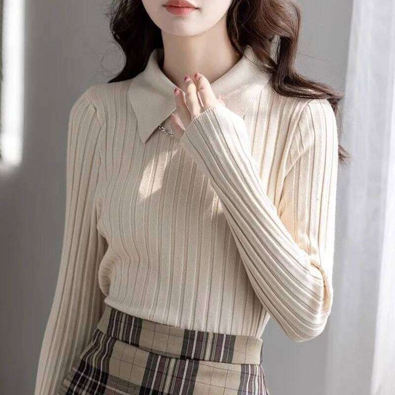 Women Korean Fashion Elegant Polo Collar Ribbed Knitted Sweater Autumn Winter Solid Long Sleeve Slim Pullover Tops Basic Jumper Z260313