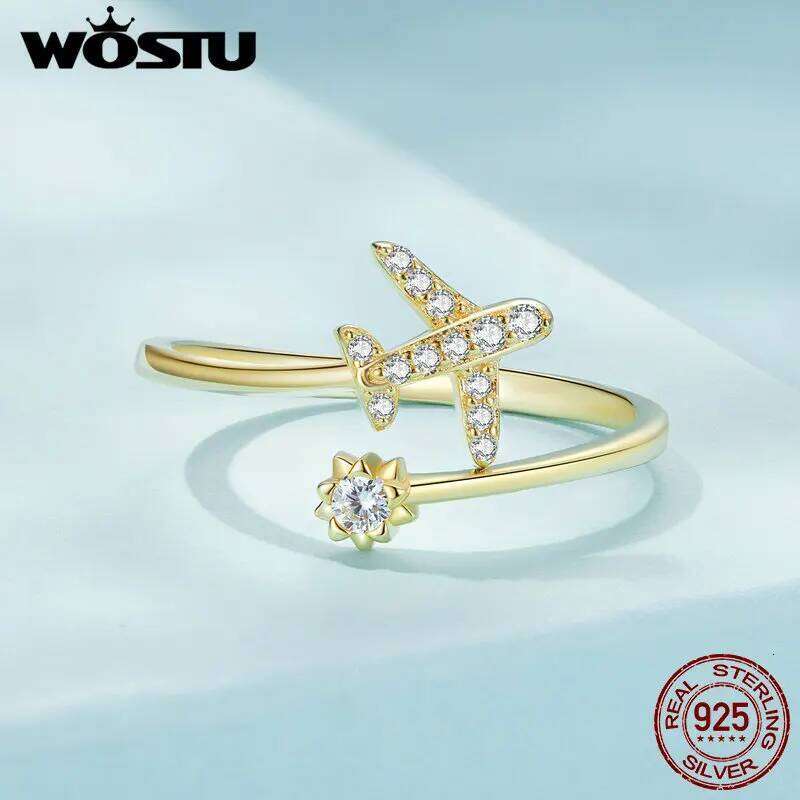 WOSTU 925 Sterling Silver Rose 18K Gold aircraft Opening Rings For Women Delicate Zircon Airplane Ring Party Jewelry Gift H260312