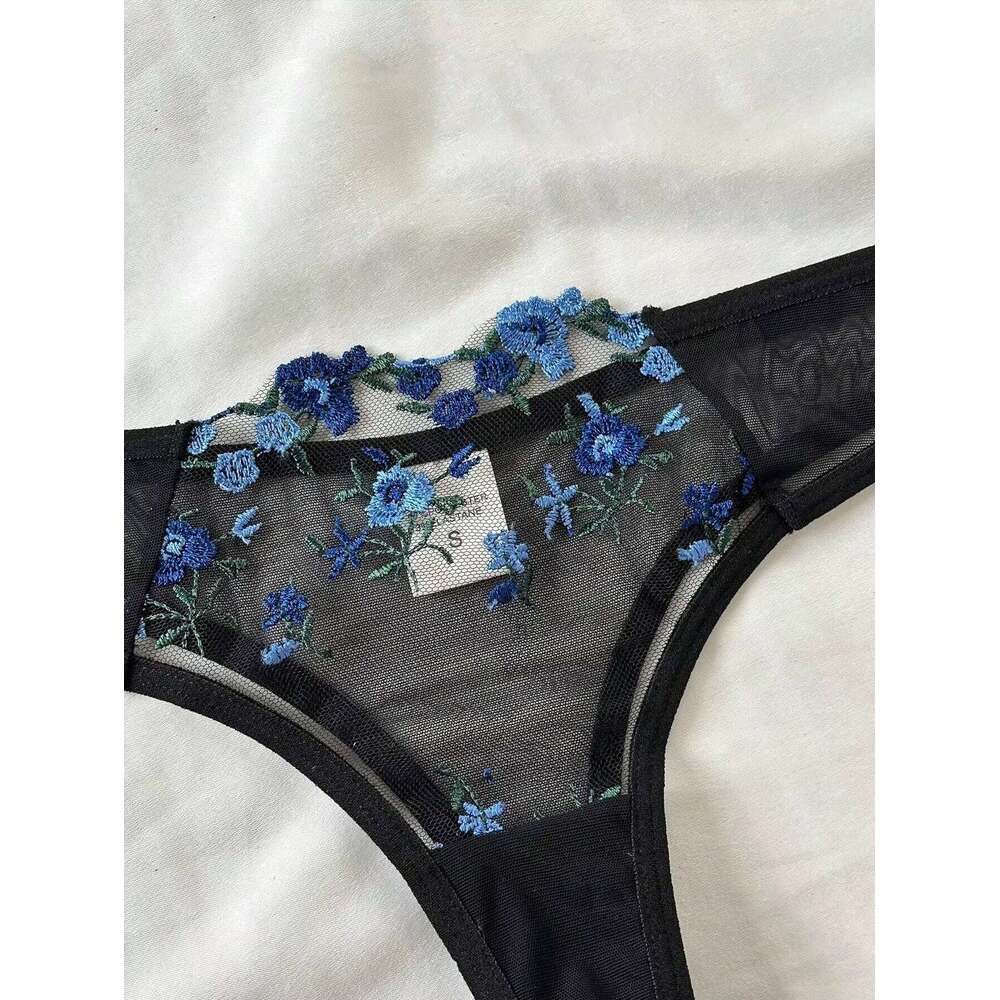 Erotic Embroidery Blue floral fragments Lace Babydoll Sensual Lingerie Bra For Women Underwear Intimate Sexi Panty Set 2024