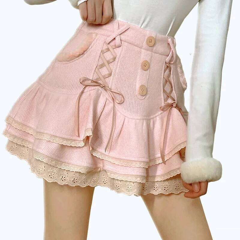 Japanese lolita kawaii clothes pink mini with shorts Lace High Waist korean style women 2025 new fall White skirt fluffy Z260314