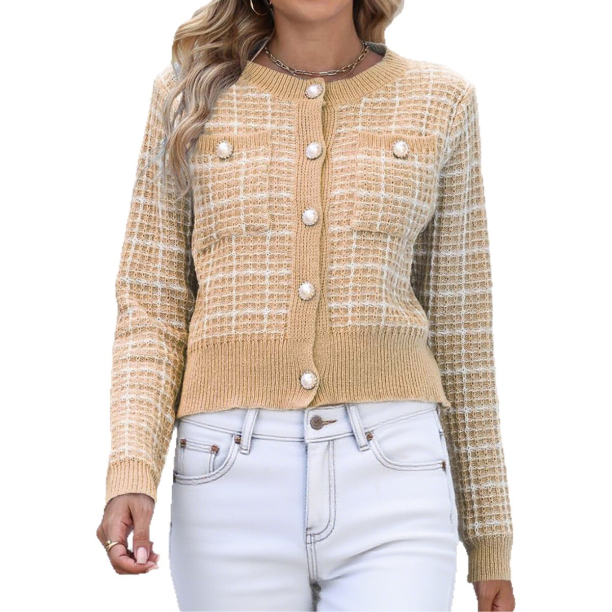 Luxury Brand Designer Clothes 2025 European And American Women's Fashion Plaid Knitted Cardigan, Elegant Jacket With Pearl Buttons, Stylish Women