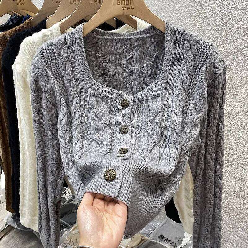 Knitted Cardigan 2023 Women's Autumn Winter French Square Collar Retro Bottoming Top Korean Sing-breasted Short Outerwear Z260313