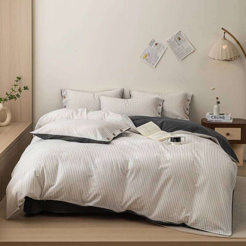 2024 new yarn-dyed small jacquard striped washed cotton simple bedding high-end button bed four-piece set H260312 - view 3