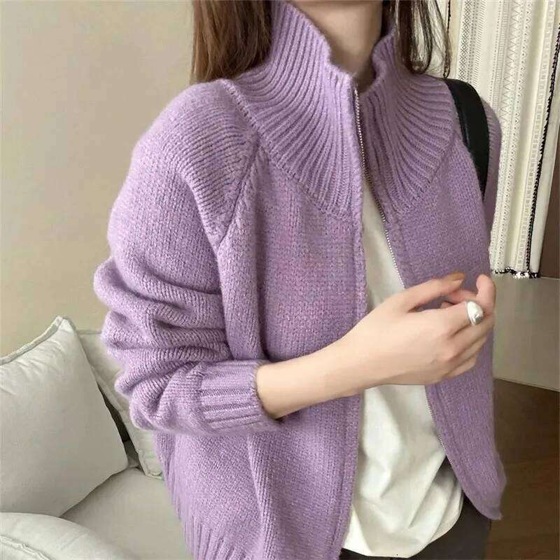 Lazy Style Double Zipper Turtleneck Sweater Female Autumn Winter Thicken Warm Knitted Cardigan Woman Korean Cropped Knitwears Z260313