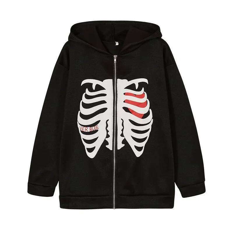 Y2K Skeleton Hoodies Women 2025 Vrouwen Gothic Zwart Zip Up Oversized Sweatshirt Dames Retro Harajuku Capuchon Streetwear Tops Z260314