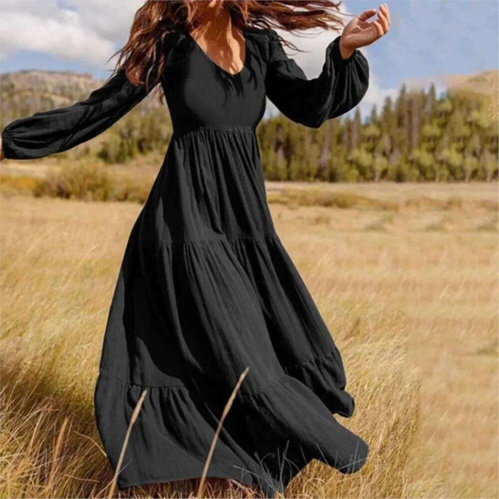 Elegant V-neck High Waisted Ruffle Spliced Long Autumn Streetwear Women's Large Swing Dress 2024 Femme Robe Z260314