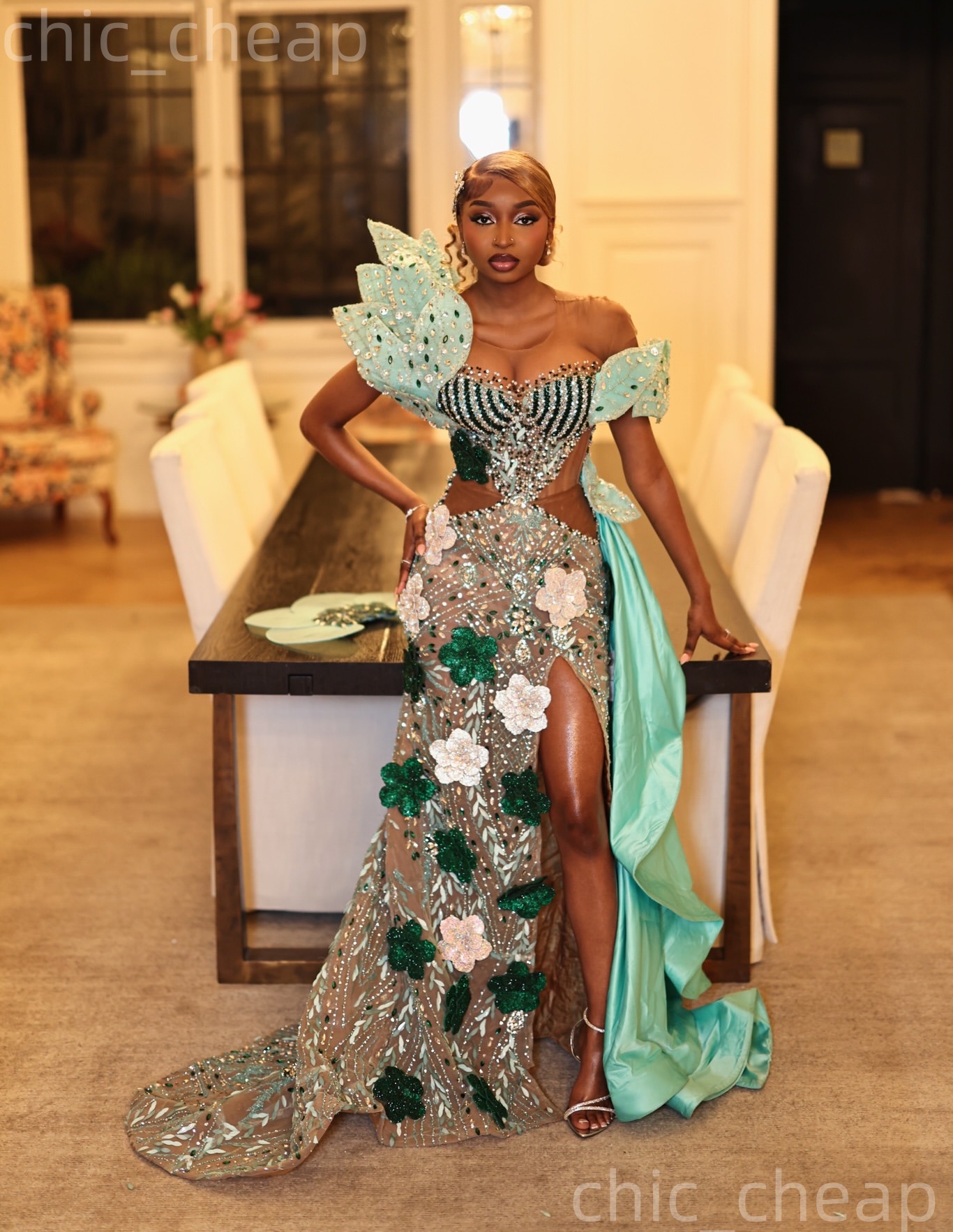 2K26 Mint Prom Dress 2026 Mermaid Prom Dress Illusion Flowers Crystals Sheer Neck Evening Dresses Birthday Party Formal Receiption Gowns Dresses ZJ085