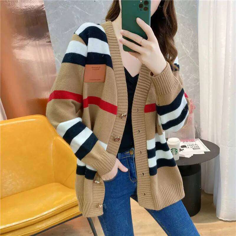 Striped Knitted Cardigan Jacket for Women's Spring Autumn New Vintage Loose and Gentle Sweater Korean Version Lazy Style Jac Z260313