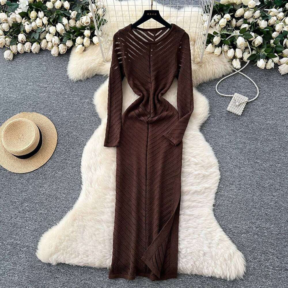 REALEFT Vintage High Waist Hollow Out Knitted Women's Dresses Long Sleeve O-neck Straight Side Split Wrap Dress Female 2025 Z260314