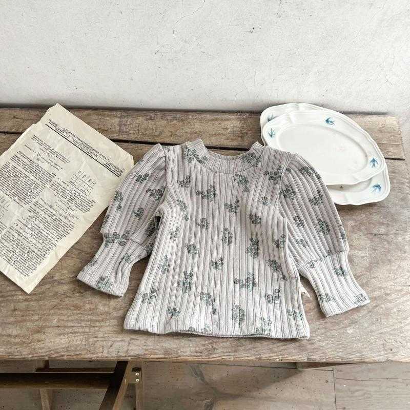 Women's Knits & Tees Children's Spring and Autumn Versatile Baby Girls' Stylish Floral Print Top with Puff Sleeves Ribbed T-Shirt for G