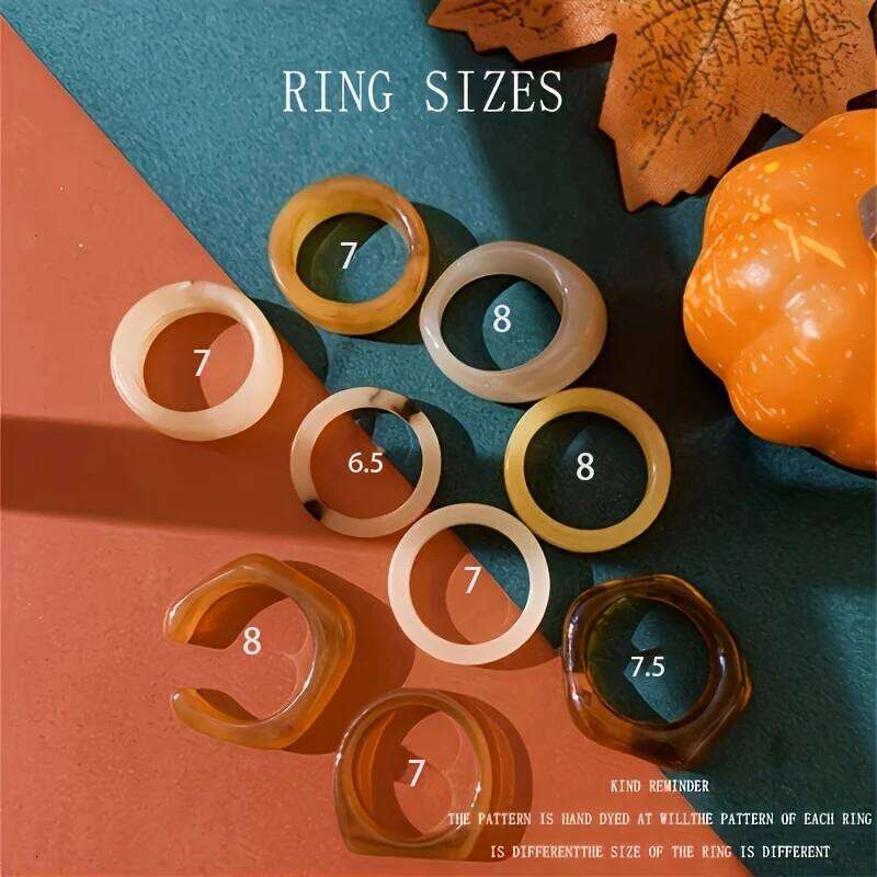 9-piece Bohemian retro style resin material multi-color ring, fashionable elegant for women, can be stacked and worn H260312