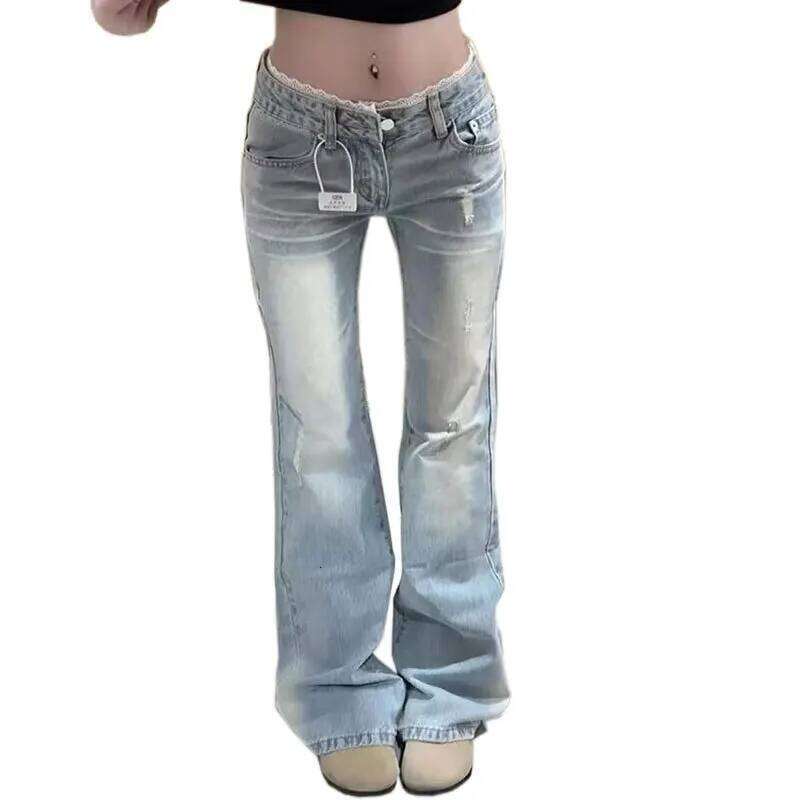 Light Wash Flared Jeans Women Plus Size Lace Low Rise Floor Length Slim Fit Bell Bottom Pants Trendy Design for Curvy Ladies Z260313