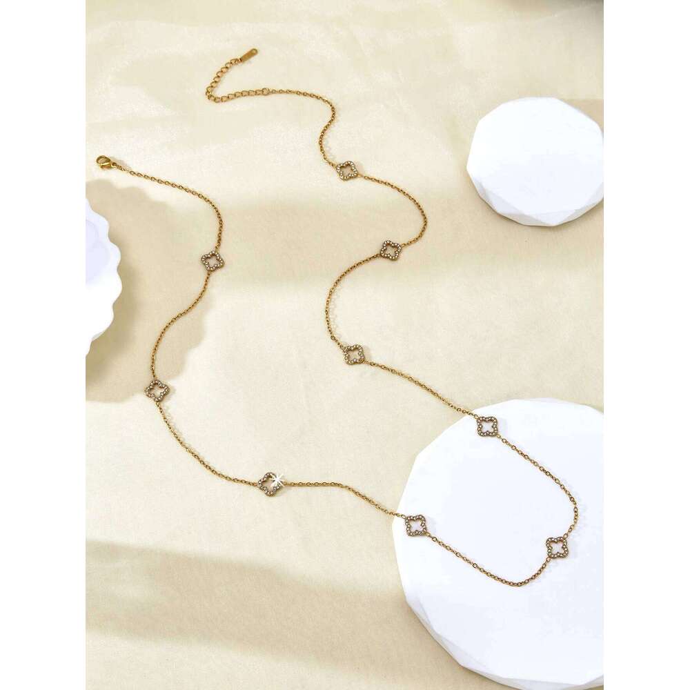 Elegant Stainless Steel 18K Gold-Plated Openwork Diamond-Studded Cr Long Necklace For Women H260312