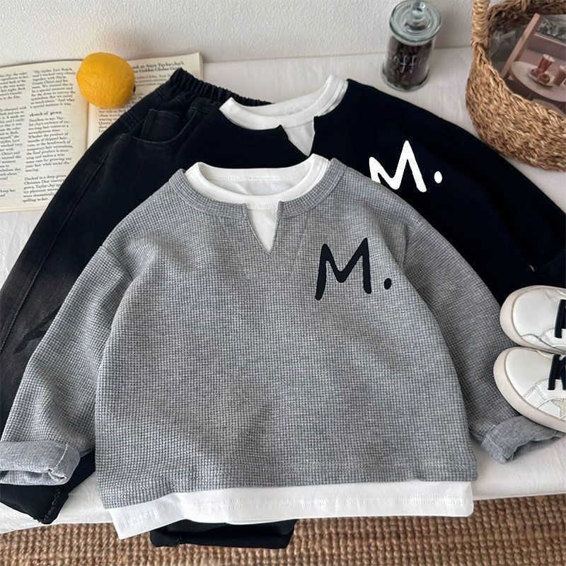 Clothing Sets (waffle weave) faux two-piece printed loose top for boys in spring and autumn