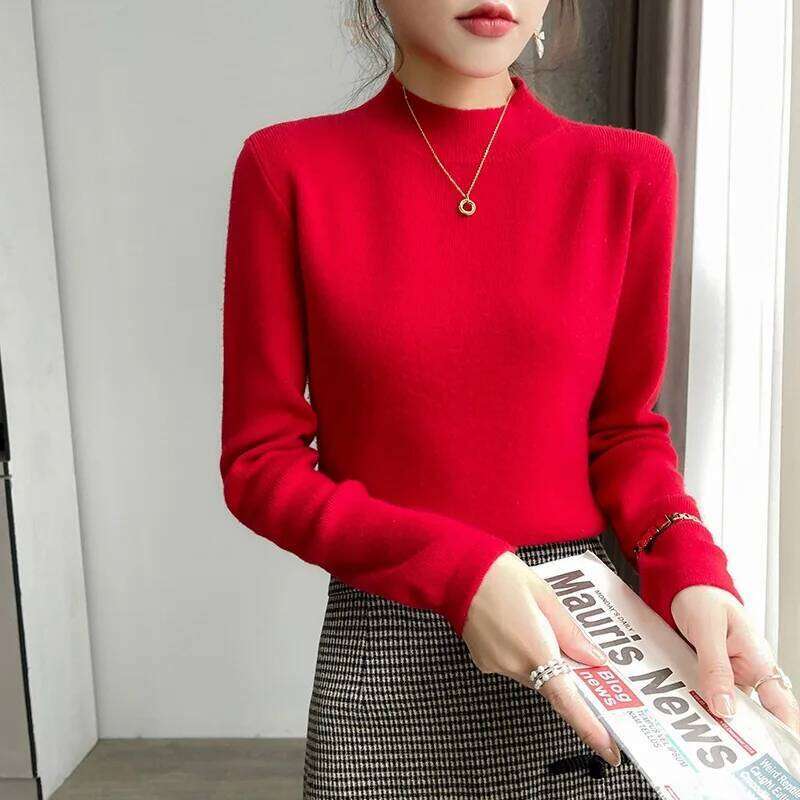 2025 Autumn/Winter New Women's Wool Blended Loose Half High Neck Solid Short Pullover Bottom Knit Sweater Ladies' Top Z260313