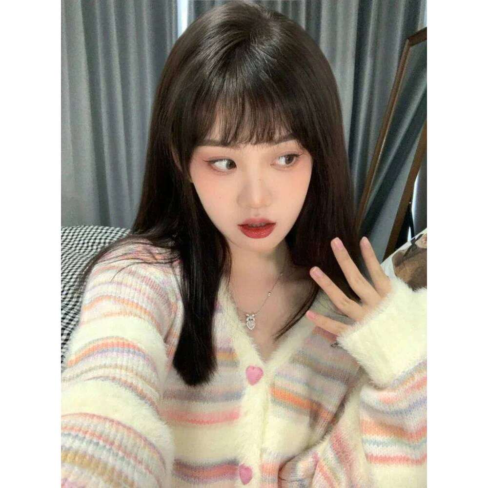 2026 Harajuku Y2k Kardigany Rainbow Striped Cardigan Women Kawaii Heart Button Japanese Soft Sweet Knitted Sweater Chic New Coat Z260313