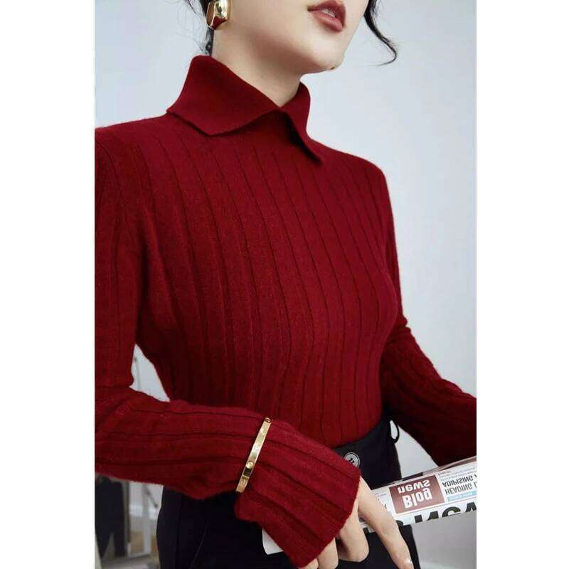Women Korean Fashion Elegant Polo Collar Ribbed Knitted Sweater Autumn Winter Solid Long Sleeve Slim Pullover Tops Basic Jumper Z260313