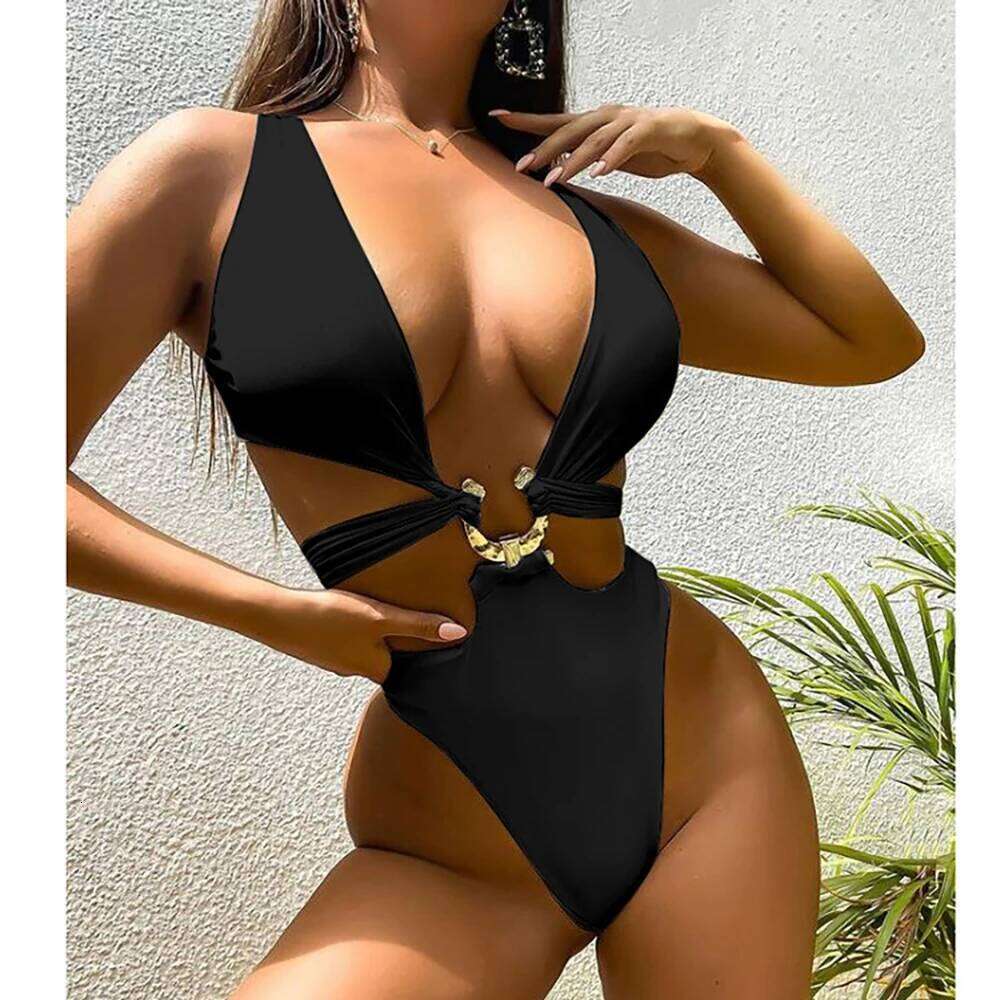 Sexy Black Knotted One Piece Swimsuit for Women Cross Back Hollow Out Bathing Suit 2023 Summer Beach High Cut Monokini Swimwear Y260303