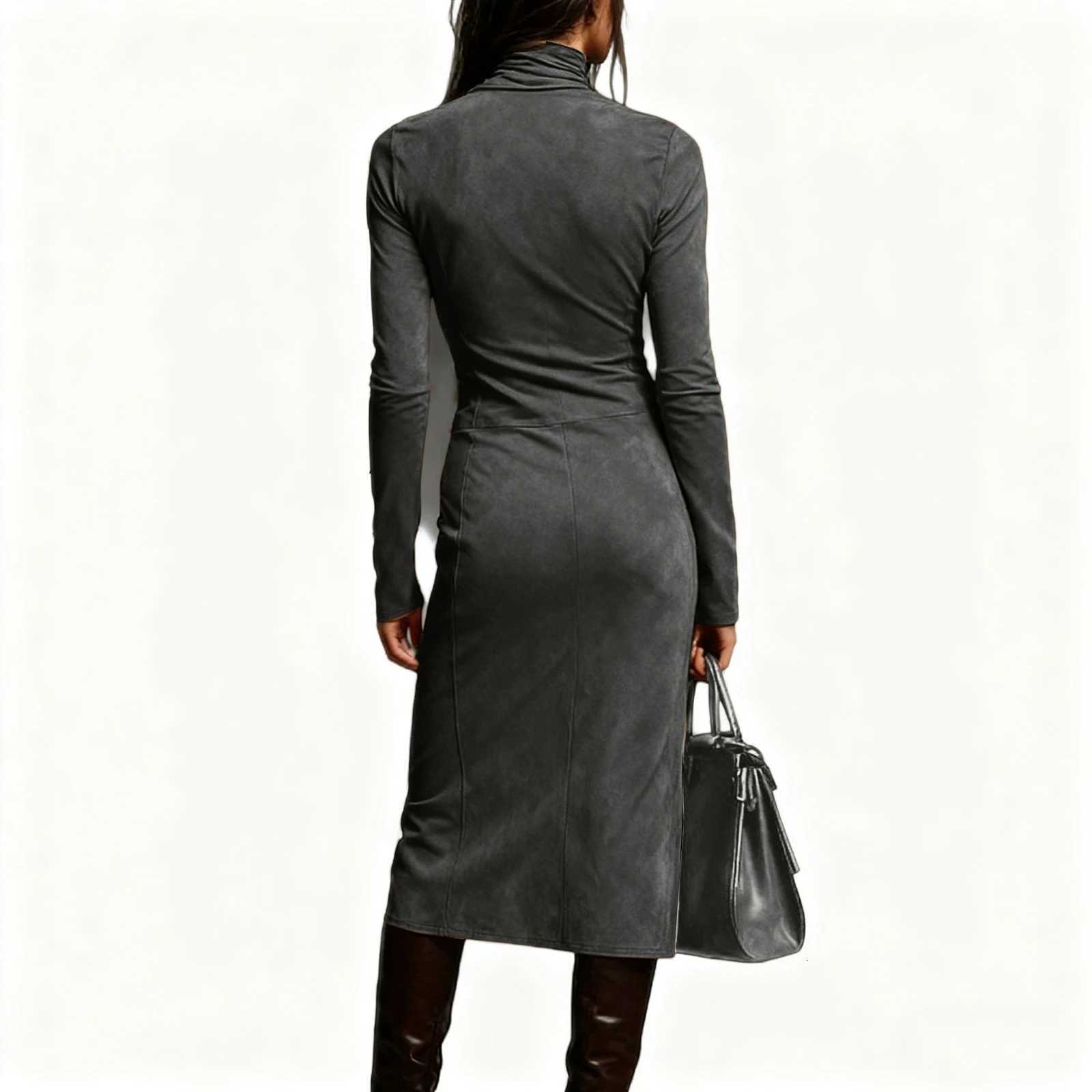 Turtleneck Velvet Bodycon Dress Trendy Long Sleeve Solid Color Midi Dress Chic Slim Fit Wrinkled Fashion Casual Outing DressT260314